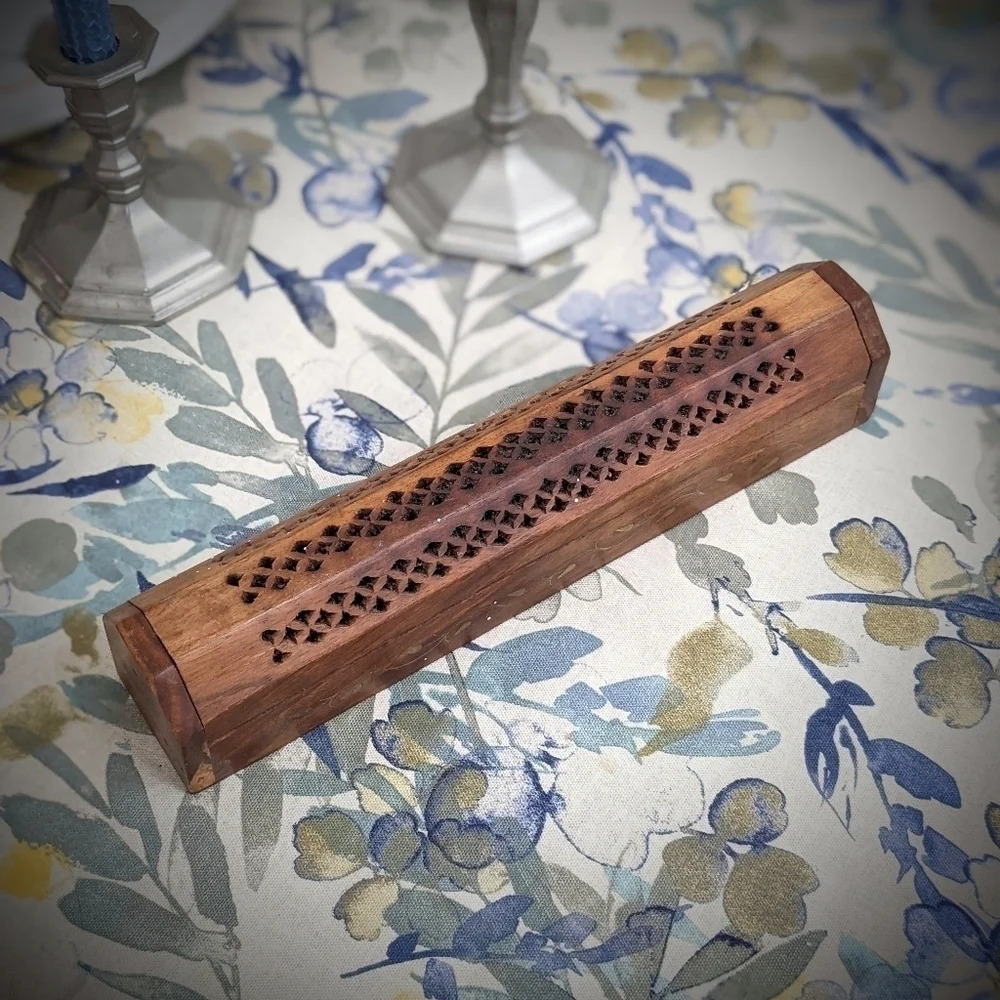 Vintage Incense burner, Indian, brass inlay, carved wood